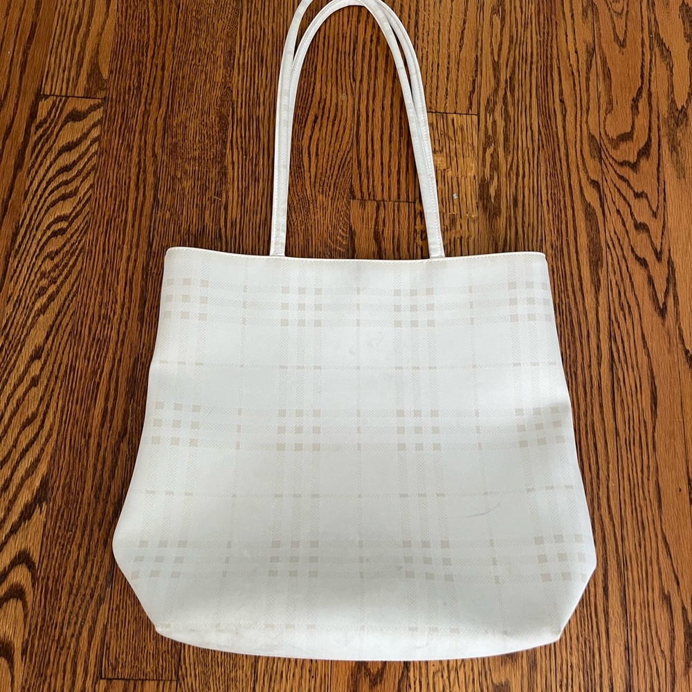 White and tan Burberry plaid purse